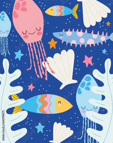 under the sea, jellyfish fishes starfishes leaves wide marine life landscape cartoon