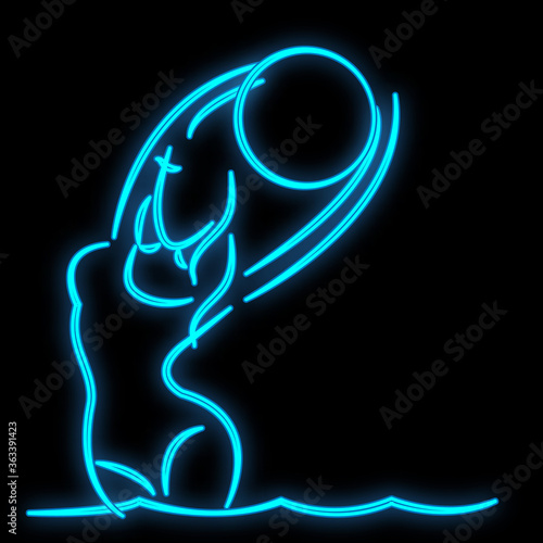 Bright luminous blue neon sign for a pool with water polo and aqua aerobics beautiful shiny beauty spa with a woman with a ball on a black background. Vector illustration