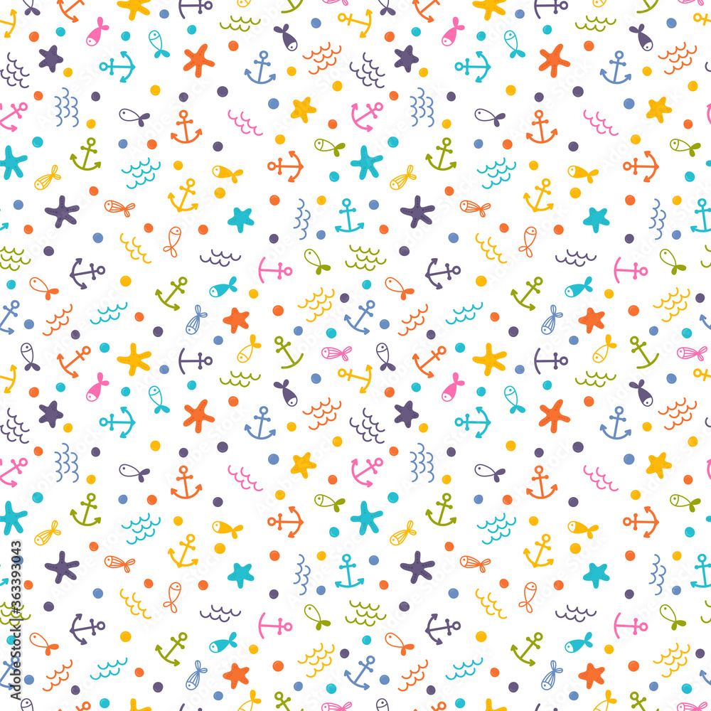 Cute sea summer seamless pattern with fishes, anchors and starfishes. Marine background. Perfect for wrapping paper or textile Cute sea summer seamless pattern with fishes, anchors and starfishes. Marine background. Perfect for wrapping paper or textile