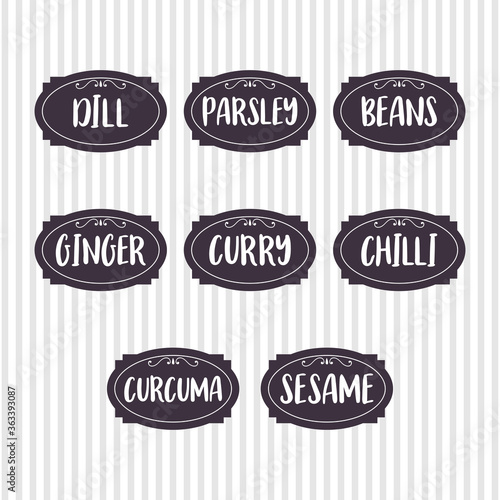 Food storage labels. Kitchen food tags collection for kitchen containers or jars. Curry, ginger, curcuma, dill, chilli