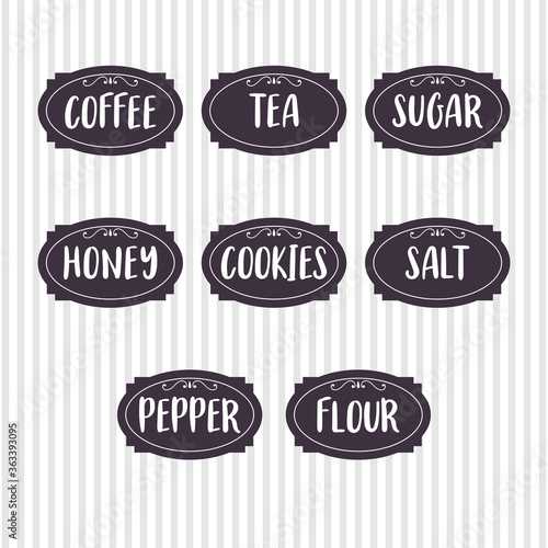 Food storage labels. Kitchen food tags collection for kitchen containers or jars. Sugar, salt, coffee, tea, honey, pepper