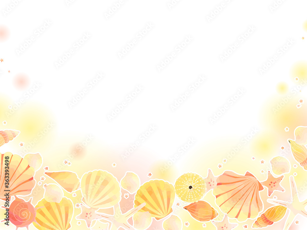 Obraz premium かわいい貝殻のイラストのフレーム、手描き、水彩風、柔らかい色合い