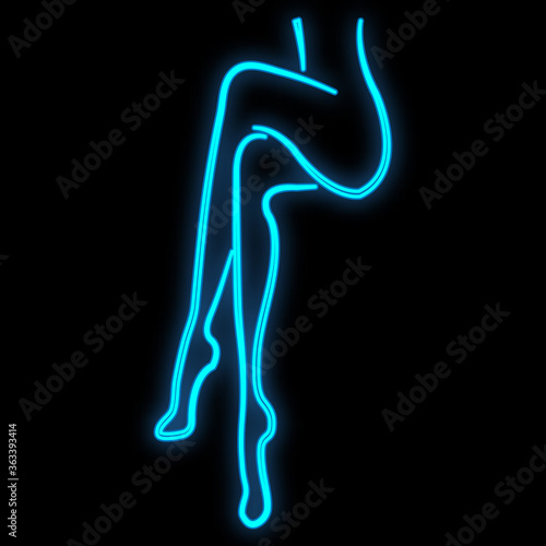 Bright luminous blue neon sign for a bar of a beauty salon beautiful shiny beauty spa with a sitting woman with a slim figure and legs on a black background. Vector illustration