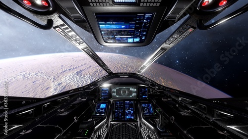 view from the cockpit of a spaceship, cockpit spaceship background, cockpit UFO 3d render