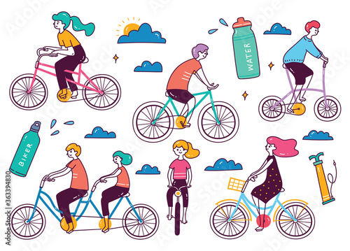 set of people riding bicycle in doodle style illustration