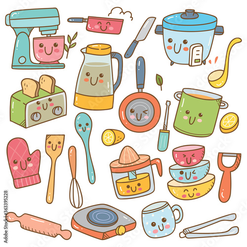 set of kawaii kitchen equipment doodles