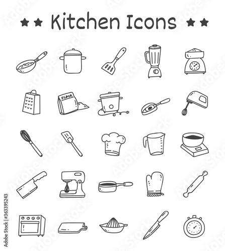 Set of Kitchen Icons in Doodle Style Vector Illustration