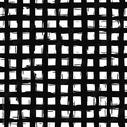 Geometric seamless pattern with white squares on a black isolated background. Stylized mesh. Abstract lattice in the lines. Great for fabric  wallpaper  textile  wrapping. Sketch. Raster.