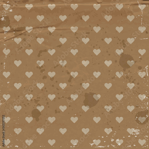 vector vintage wrapping paper, old distressed weathered, worn background with wrinkles and hearts pattern