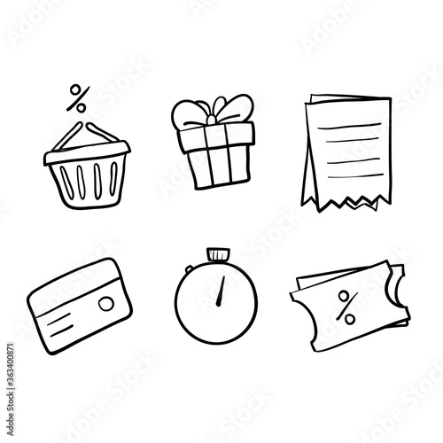 hand drawn Loyalty card, incentive program vector icon set, earn bonus points for purchase, discount coupon, limited time period, cash back, redeem gift, grocery basket.doodle vector