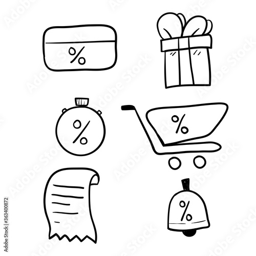 hand drawn Loyalty card, incentive program vector icon set, earn bonus points for purchase, discount coupon, limited time period, cash back, redeem gift, grocery basket.doodle vector
