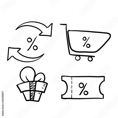hand drawn Loyalty card, incentive program vector icon set, earn bonus points for purchase, discount coupon, limited time period, cash back, redeem gift, grocery basket.doodle vector