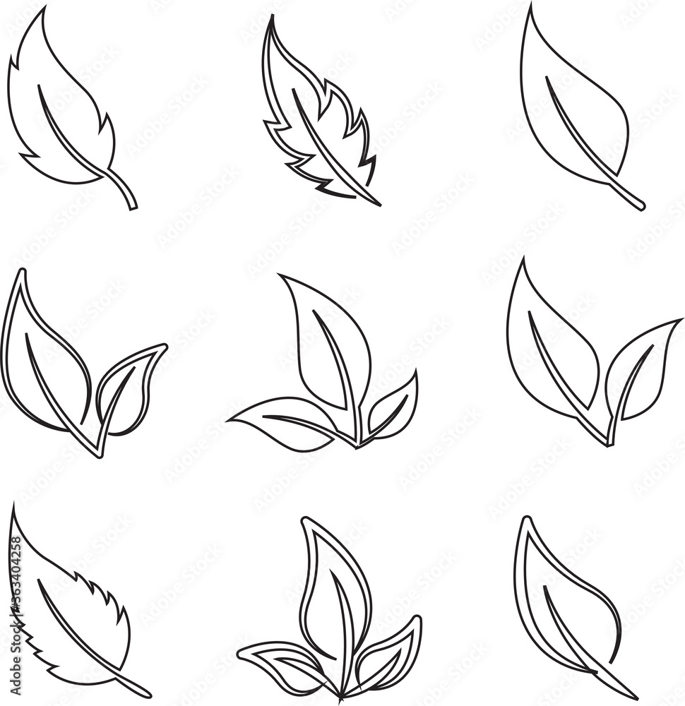 eco set of black line leaf icons flat on white background eco set of black line leaf icons flat on white background
