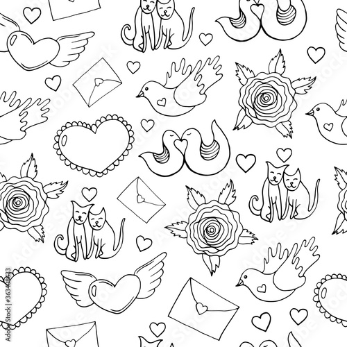 Coloring page pattern for adults. Valentine s Day seamless pattern with hearts  birds  cats  roses and letters. Doodle cartoon background. Vector illustration