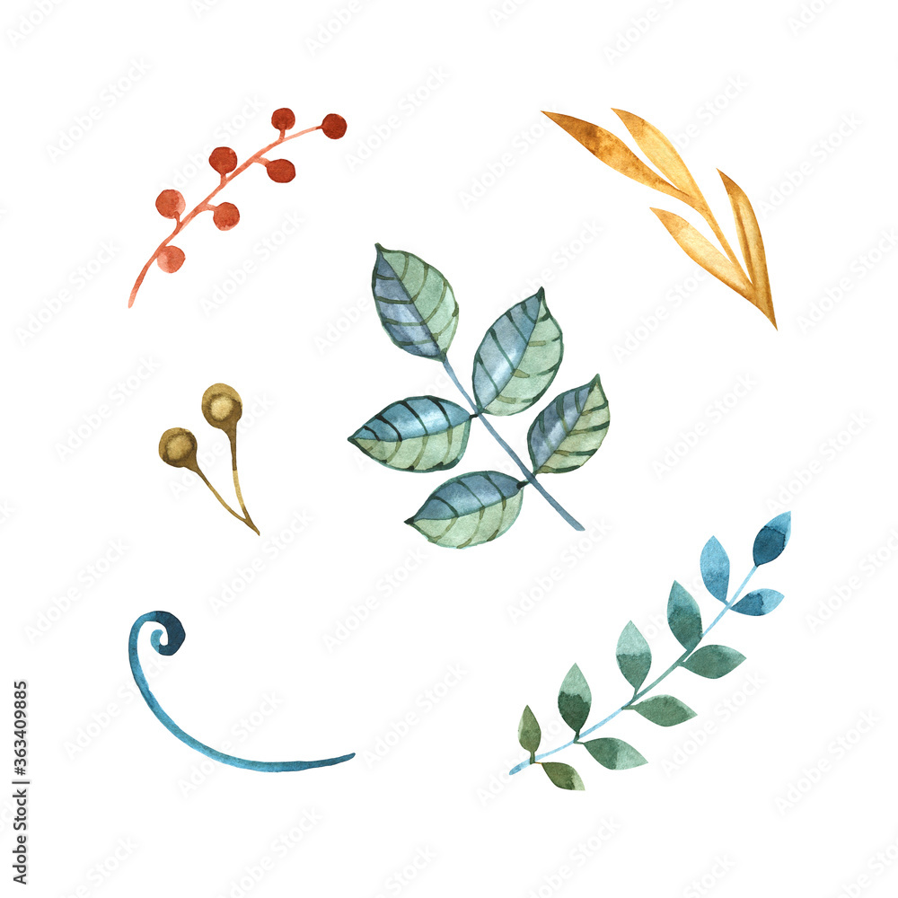 Green leaves and gold branches set painted by watercolor. Hand drawn illustration. Green leaves and gold branches set painted by watercolor. Hand drawn illustration.