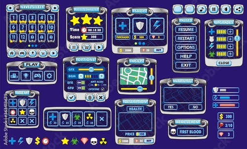 scifi Game User Interface Design, Illustration of a funny 
graphic gui background, in cartoon style with basic buttons and functions, status bar, for creating game