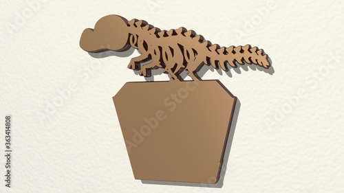 dinosaur in museum from a perspective on the wall. A thick sculpture made of metallic materials of 3D rendering. illustration and animal