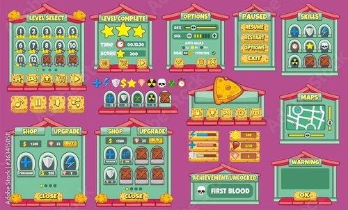 cheese Game User Interface Design, Illustration of a funny graphic gui background, in cartoon style with basic buttons and functions, status bar, for creating game