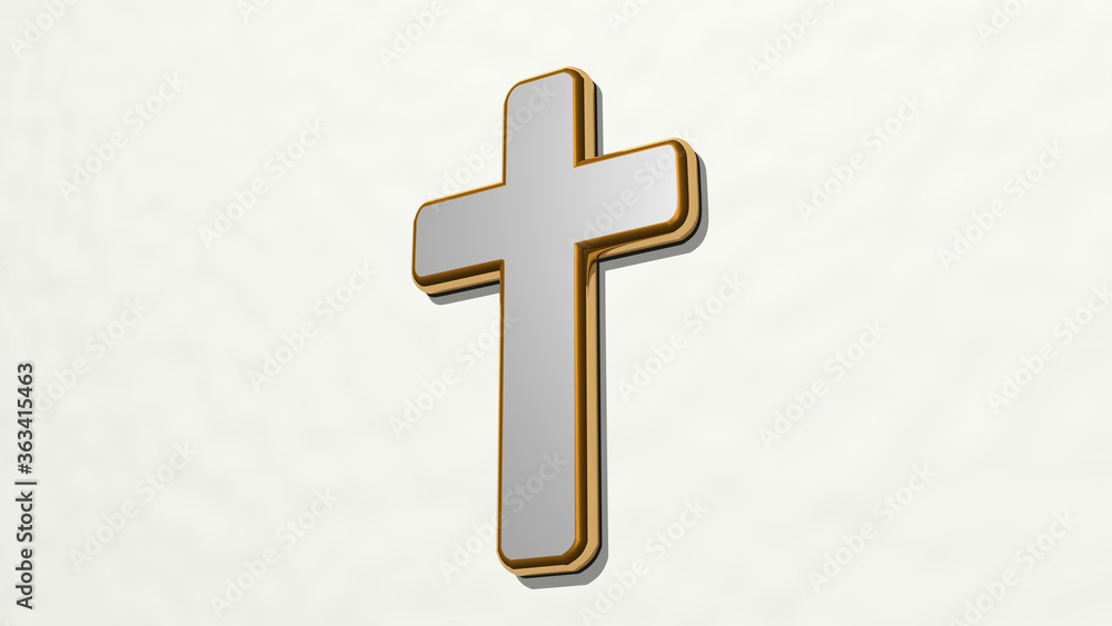 CHRISTIAN CROSS made by 3D illustration of a shiny metallic sculpture on a wall with light background. church and architecture