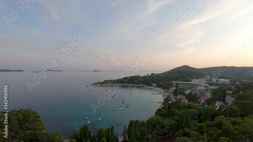 Early Morning Aerial Drone Footage of the Crystal Blue Water of Mlini Beach, Croatia.
