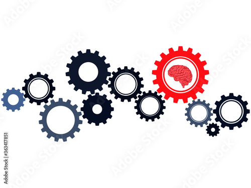 The gear wheel and the brain are symbols of concepts or the use of brain power and to solve problems