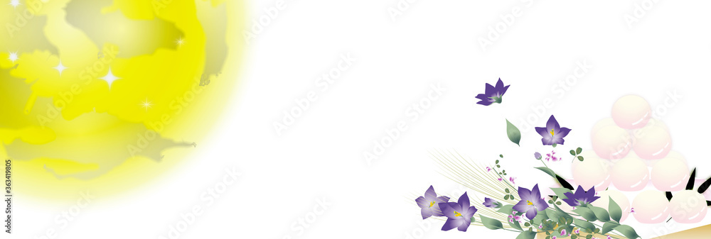 月見の団子と桔梗の花とススキの花束に大きな月のイラストバナー素材 Stock Illustration Adobe Stock