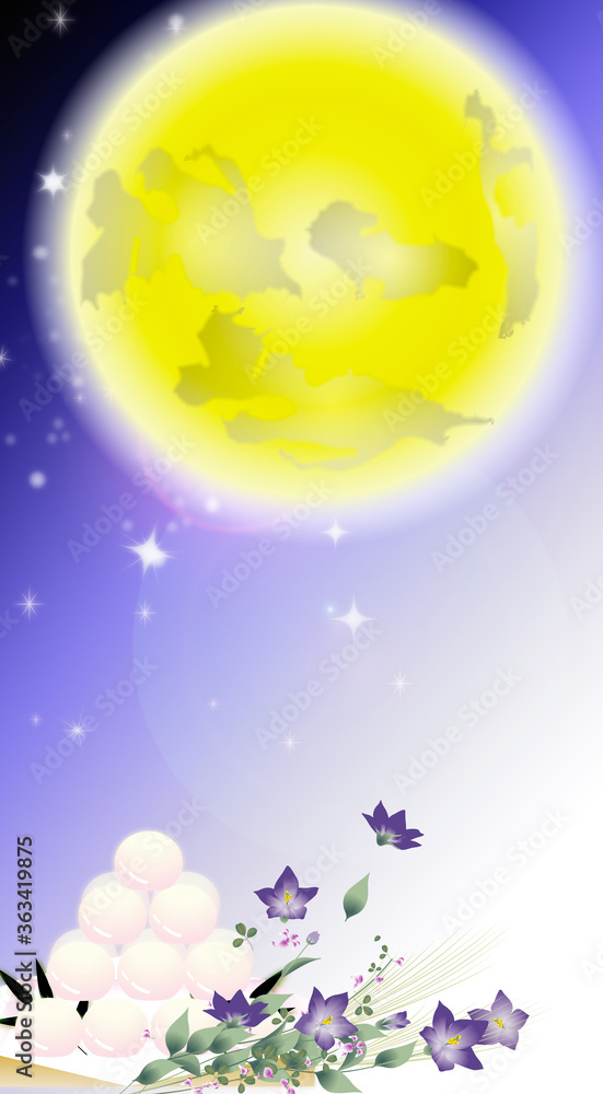月見の団子と桔梗の花とススキの花束に大きな月のイラストワイドバーチャル背景素材縦長