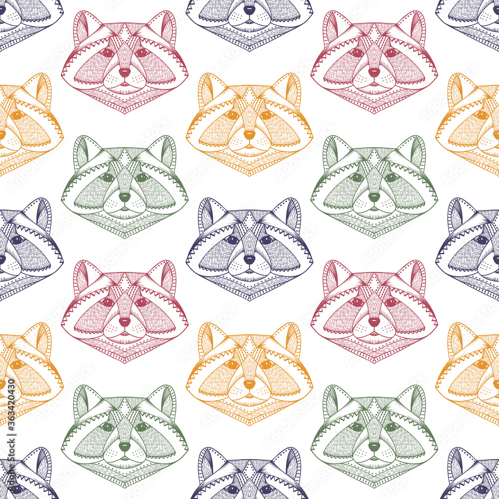 Obraz premium Hand drawn Raccoons heads Vector Seamless pattern. Ethnic animal. Tribal patterned Raccoon. 