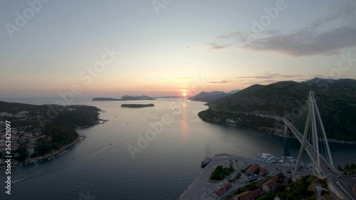 Aerial Drone Footage of Sunrise in the Port of Luka Gruz and Franjo Tudjman Bridge. Croatia.