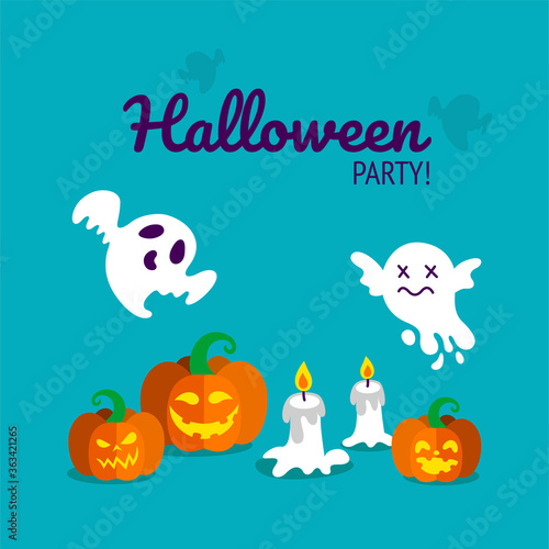 Halloween party print with carved pumpkins  candles and spooky ghosts. Vector illustration in blue background