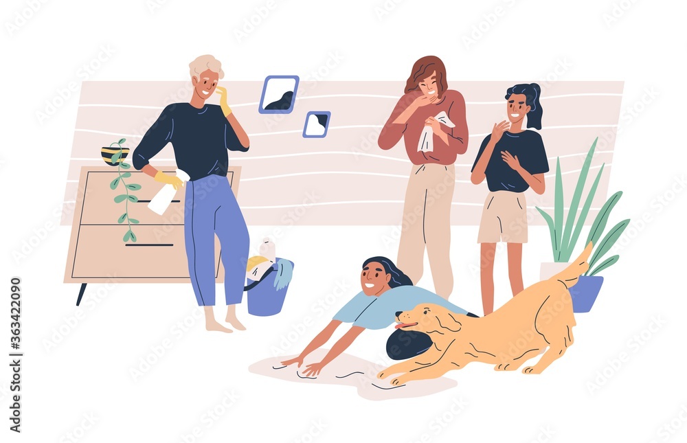 Smiling diverse family doing housework together vector flat illustration. Joyful dog help mother washing floor use rag isolated on white. Happy parents and children having fun during cleaning room