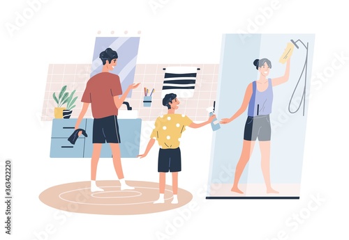 Teenage boy help parents washing bathroom vector flat illustration. Happy fam...