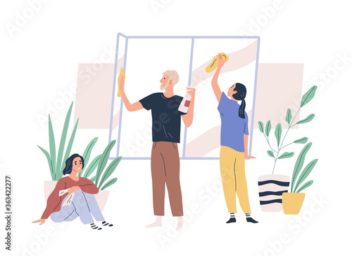 Upset teenager girl sitting on floor with rag during parents washing window vector flat illustration. Family doing housework together isolated on white. Daughter don't help to mother and father