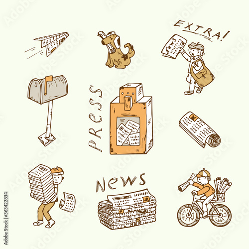 Press. Newspaper vector icons. Newspapers set: stacks and rolls of newspapers, postman, paperboys, newspaper vending machine, mailbox - Hand Drawn Doodles illustration
