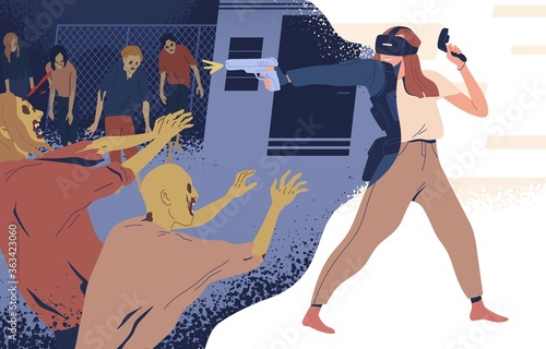 Modern woman in virtual reality glasses shooting on zombie vector illustration. Female with gun playing vr game. Gamer person immersing to cyberspace. Girl in optical gaming 3d equipment headset