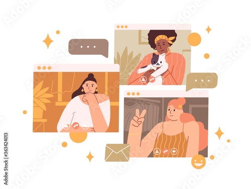 Group of diverse female enjoy online meeting or web communication vector flat illustration. Smiling girl friends talking on videoconference isolated on white. Woman have internet gossip discussion