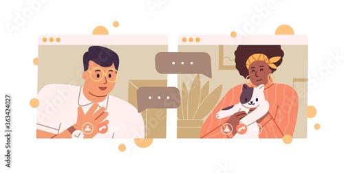 Smiling diverse couple talking on videoconference vector flat illustration. B...