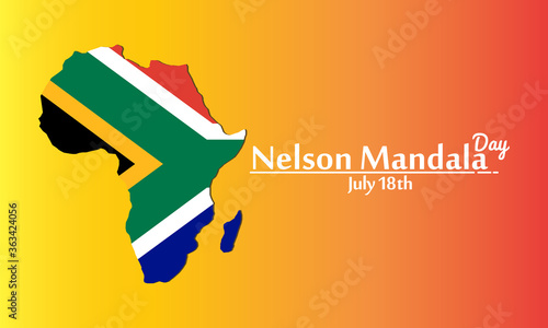 Vector illustration,banner or poster of Nelson Mandala Day. Flag of South Africa in the shape of a African continent. Nelson Mandala Day concept.