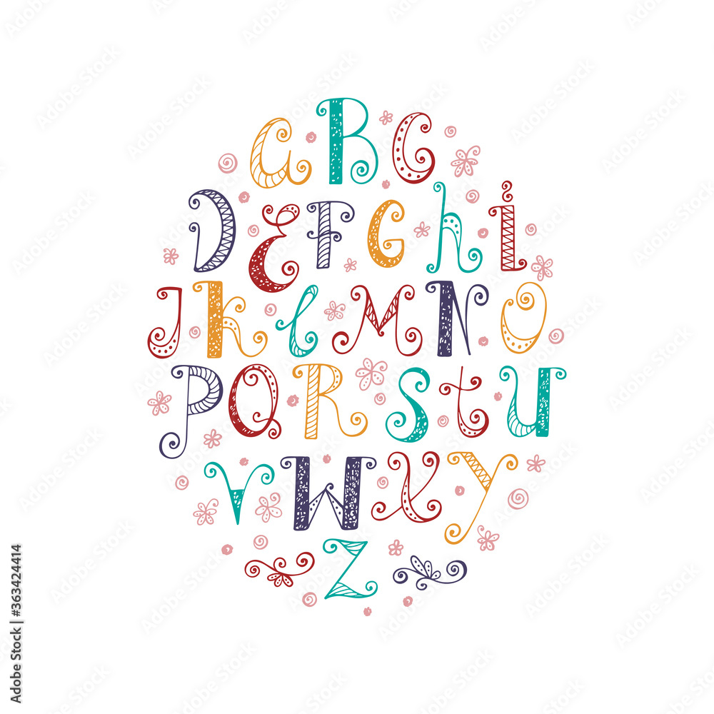 Vector ABC. Hand drawn cartoon doodle ornamental Alphabet. Colorful letters for kids.

