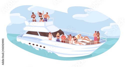 Group of diverse people relaxing on cruise yacht at ocean vector illustration. Man and woman dancing, sunbathing, drinking cocktails isolated. Friends resting on ship. Concept of travel and vacation