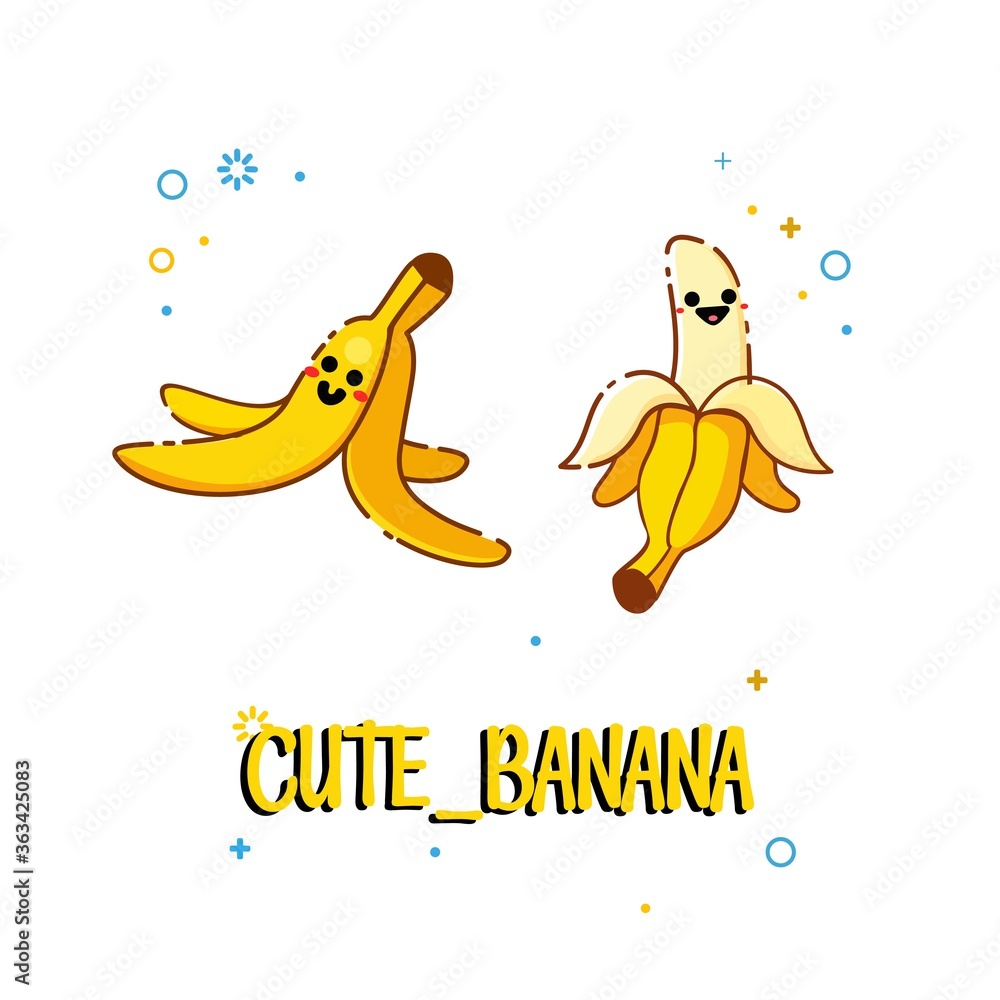 Set of cartoon banana drawings: peeled and banana peel on the ground ...