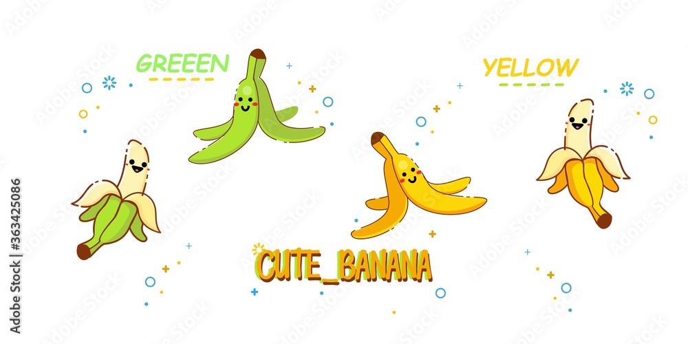 Set of cartoon banana drawings: single, peeled and banana peel on the ground. Vector clip art illustration collection. combinate on yellow and green of banana's Set of cartoon banana drawings: single, peeled and banana peel on the ground. Vector clip art illustration collection. combinate on yellow and green of banana's