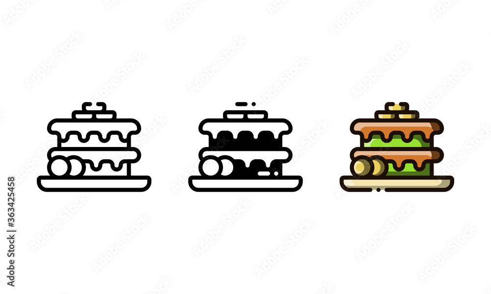 Banana cake icon. With outline, glyph, and filled outline style Banana cake icon. With outline, glyph, and filled outline style