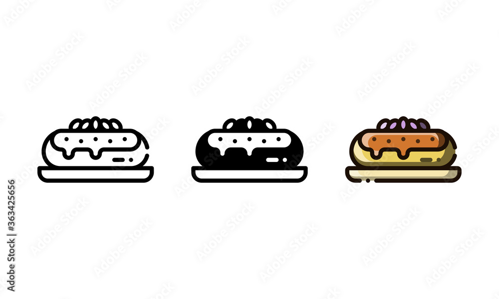 Eclair cake icon. With outline, glyph, and filled outline style Eclair cake icon. With outline, glyph, and filled outline style