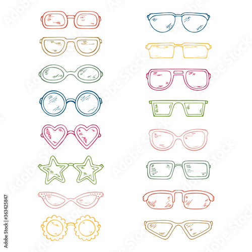 Multicolor Fashionable accessories. Hand Drawn Doodle Glasses Set. Different shapes sunglasses  eyeglasses - Colorful Vector illustration 