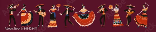 Day of the dead skeletons party set vector illustration. Skeleton characters ...