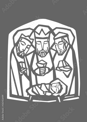 Vector illustration of the three wise men and baby Jesus Christ