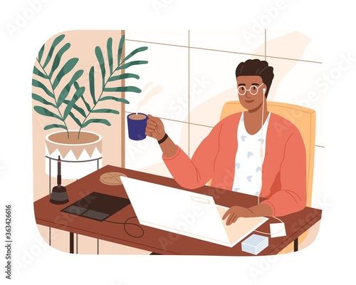 Smiling black skin freelancer male working remotely use laptop vector flat illustration. Modern designer man sitting at table with cup of coffee isolated. Self employed guy at comfortable workplace