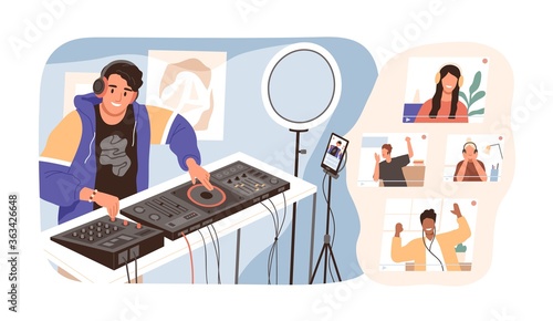 Modern guy online dj mixing music at live stream vector illustration. Smiling man in headphones have virtual party with diverse people isolated. Joyful male create sound entertainment for audience