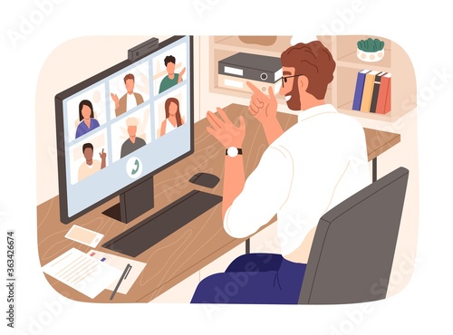 Bearded smiling guy talking with colleagues during videoconference vector illustration. People having corporate video call isolated. Man and woman discussing work enjoying online communication